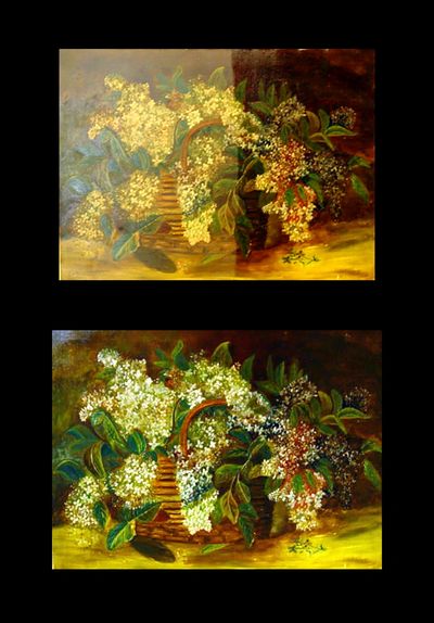 Before and after cleaning of oil on canvas painting.
