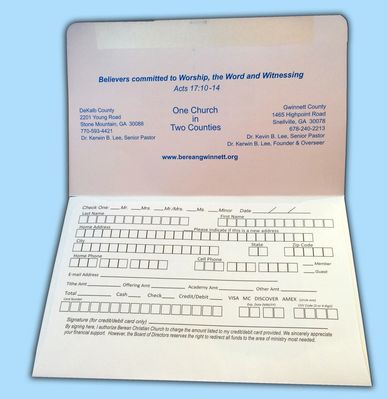 Church offering envelope with contact and payment details for Berean Christian Church.