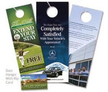Three promotional door hangers with various offers and messages.