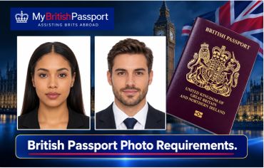 British passport photo requirements with male and female examples and a passport image.