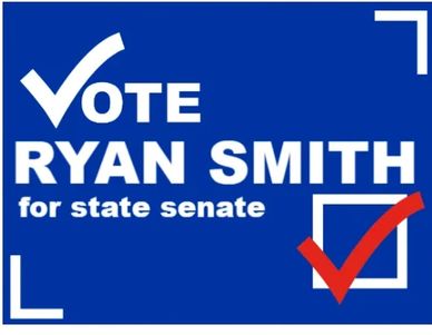Vote Ryan Smith for state senate with bold check marks on blue background.