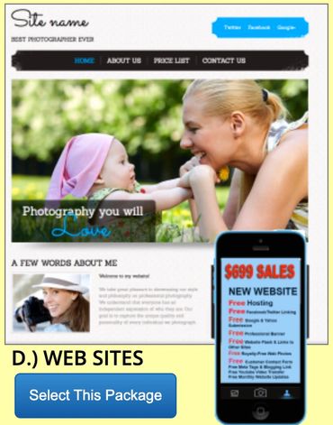 Web design package offering photography website creation with free hosting and social media linking.