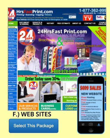 Advertisement for 24HrsFastPrint.com web services package with printing and website offers.