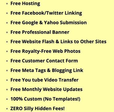 List of free web services including hosting, social linking, and custom website features.