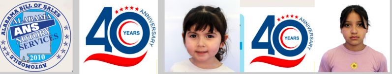 Alabama Notary Service logo, 40th anniversary emblem, and two girls' portraits.Certified mobile notary services available 24/7 with local notary agent professionals. 24-hour notary service | mobile notary service | notary services certified