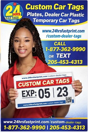 Smiling woman holding custom car tags sign with contact information for 24 HRS Car Tags.