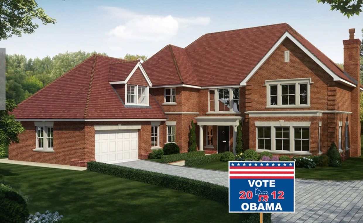 Large brick house with a 2012 Obama campaign sign in the front yard.