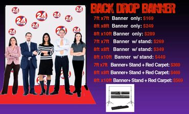 Banner backdrop options with pricing for sizes and packages.