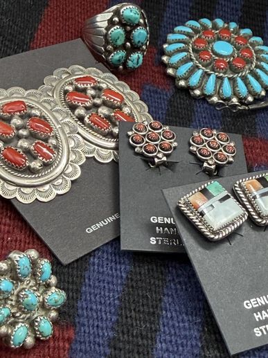Vintage clip earrings Native American Hand made from the 1970's Coral Turquoise Sterling pettipoint