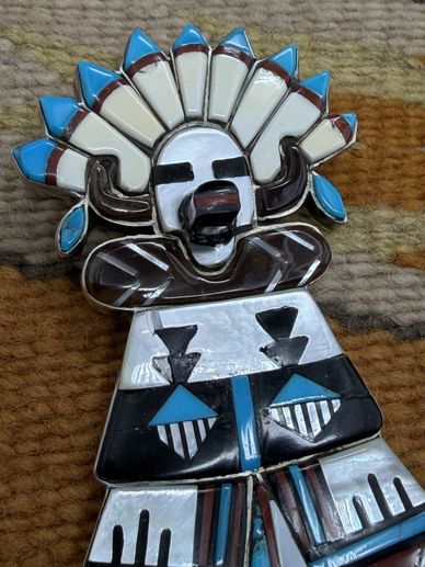 Large inlay Shalako with 3 dimensional face including gemstones of turquoise mother-of-pearl onyx