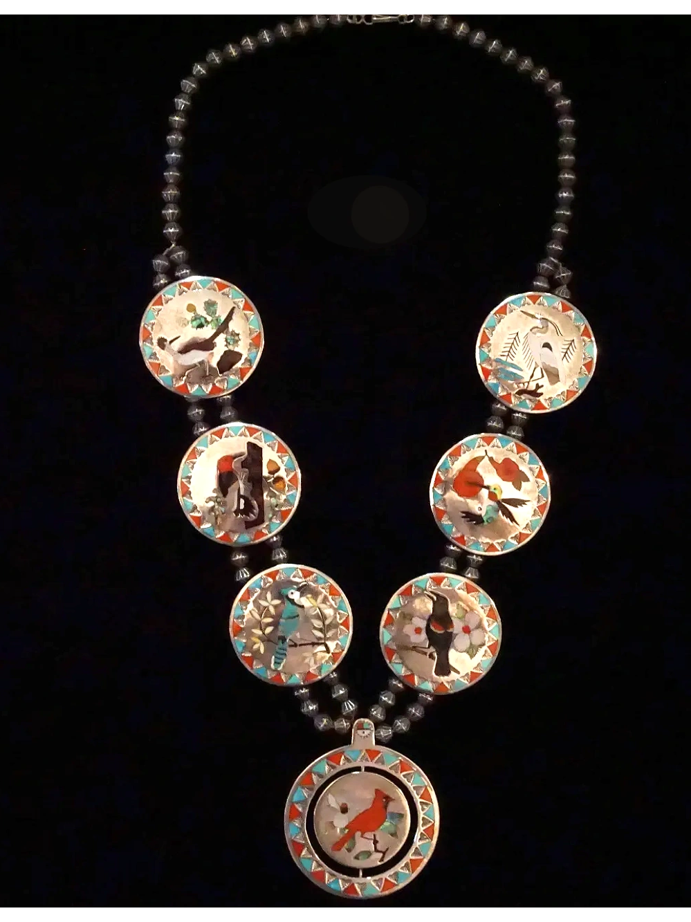1970's inlay necklace
Squash Blossom Style 
created by Zuni inlay artists 
Albert and Dolly Banteah 