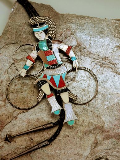 Very large Hoop Dancer Bolo Tie Zuni Inlay by Eddie Beyuka with dangling hoops gemstones of turquois