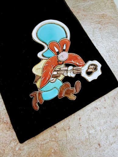 Photo of a Zuni style Yosemite Sam Zunitoon Vintage 1970's gemstones of Turquoise Coral Shell