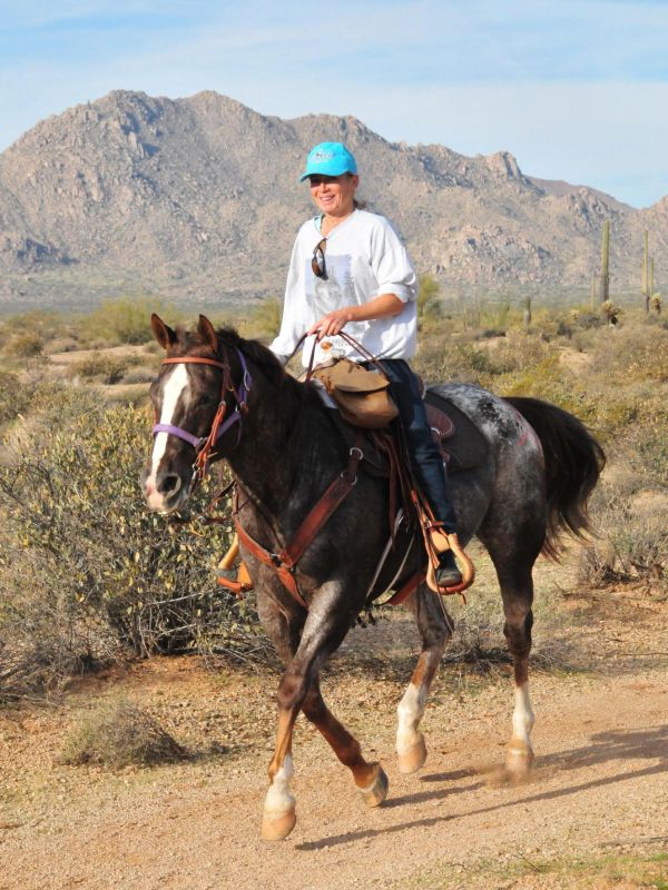 Woman riding a horse in a desert landscape.