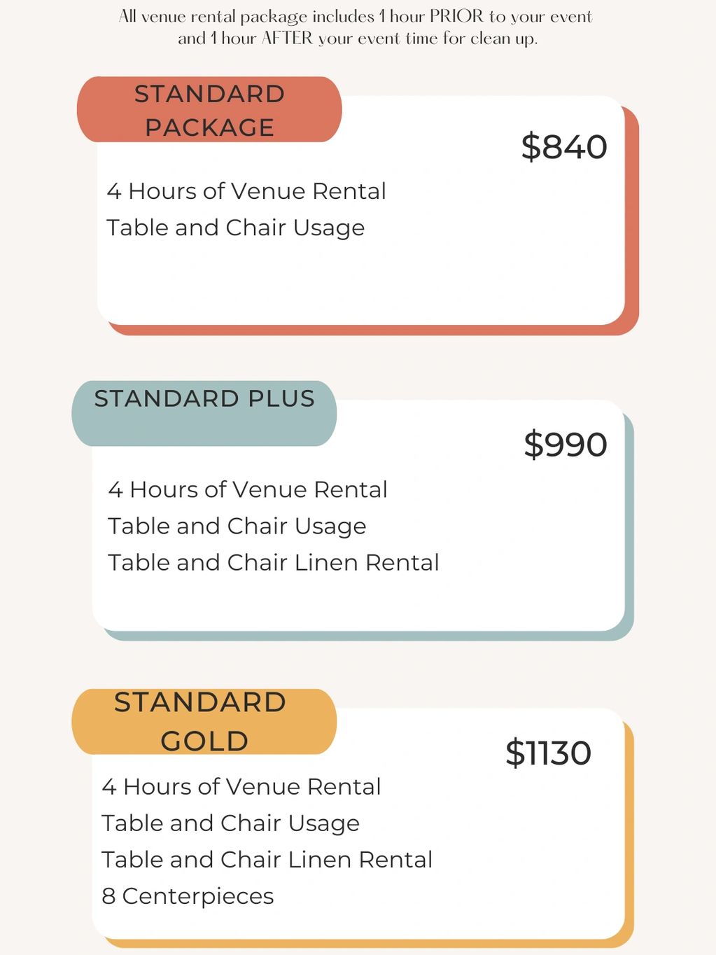 Venue rental packages with different inclusions and prices.
