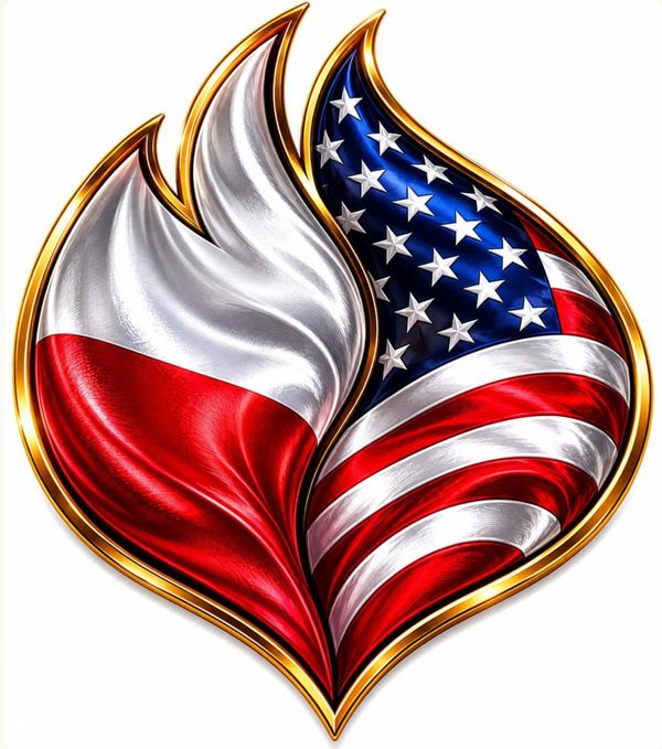 Stylized heart-shaped image combining Polish and American flags with a golden border.