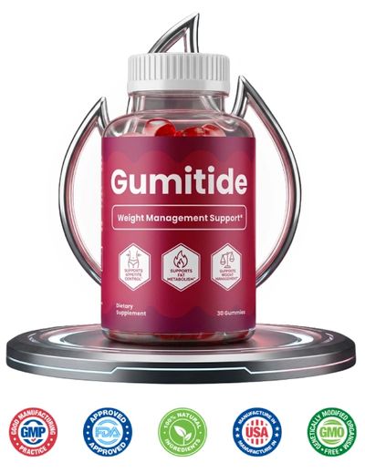 Gumitide weight management support gummies in a clear bottle with branding and certifications.