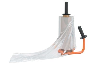 Stretch wrap gun tool for applying plastic film during pallet packaging
