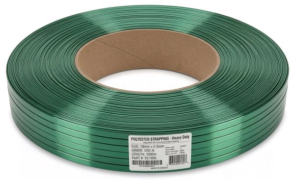 Industrial pallet secured with polyester strapping for warehouse distribution