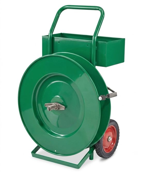 Strapping dispenser cart system for securing pallets with PET and PP strapping bands