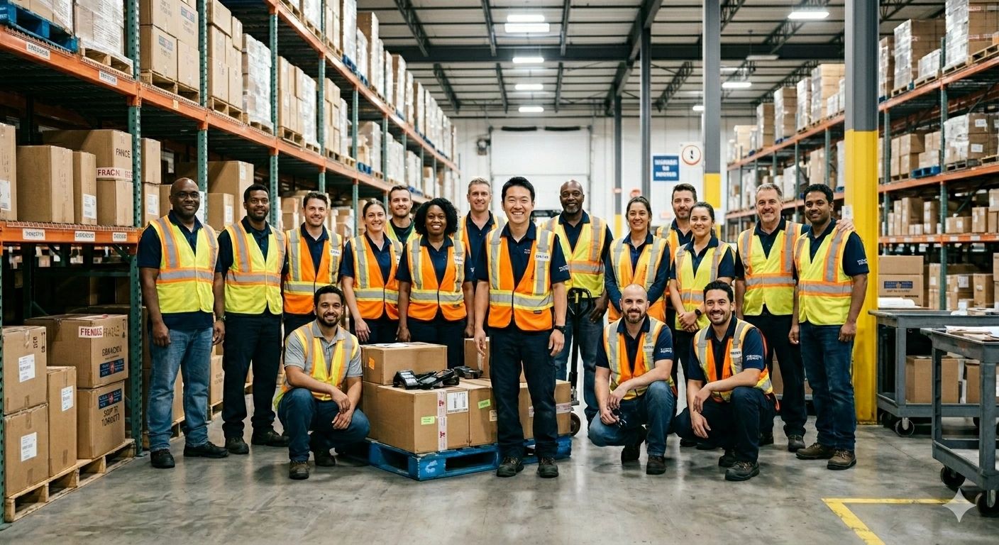 Diverse warehouse team wearing safety vests posing together among shelves of boxes.