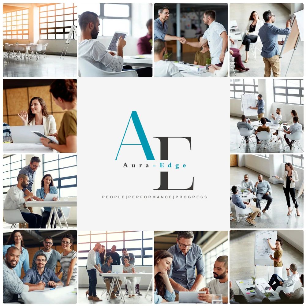 Professional team collaborating in a modern office with Aura-Edge logo.