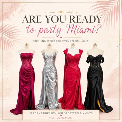 set of 4 evening dresses with statement "are you ready to party miami?" above the image