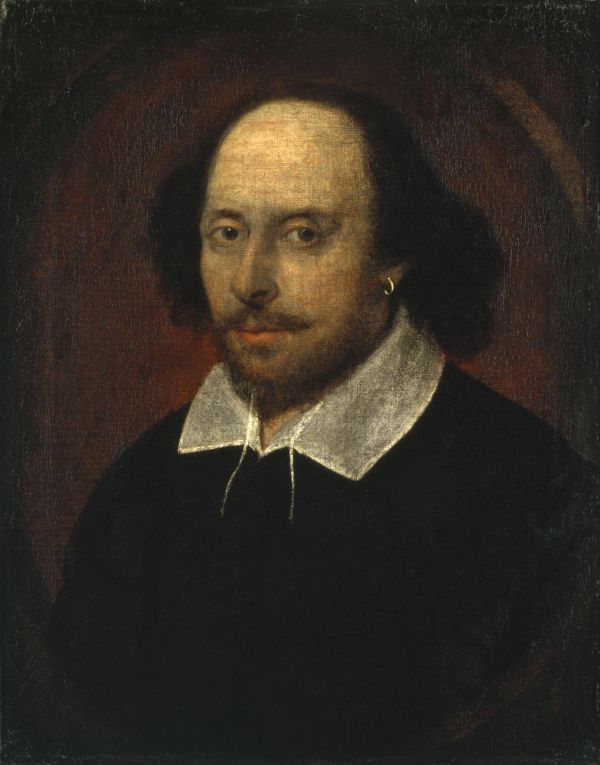 Portrait of William Shakespeare with a distinctive earring and white collar.
