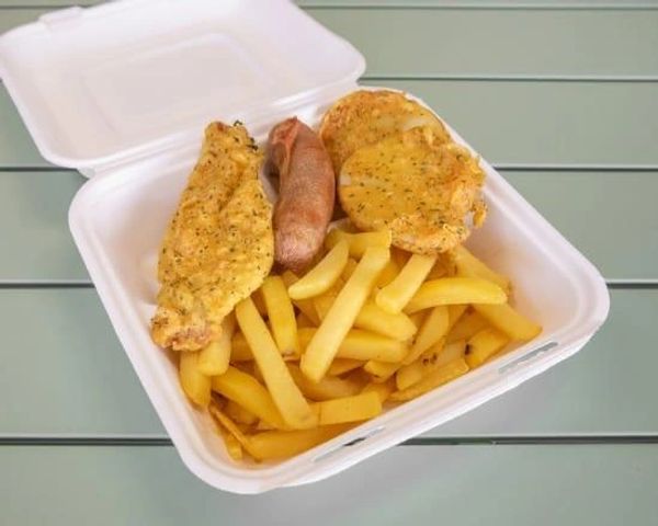 Takeout box with fried food and fries.