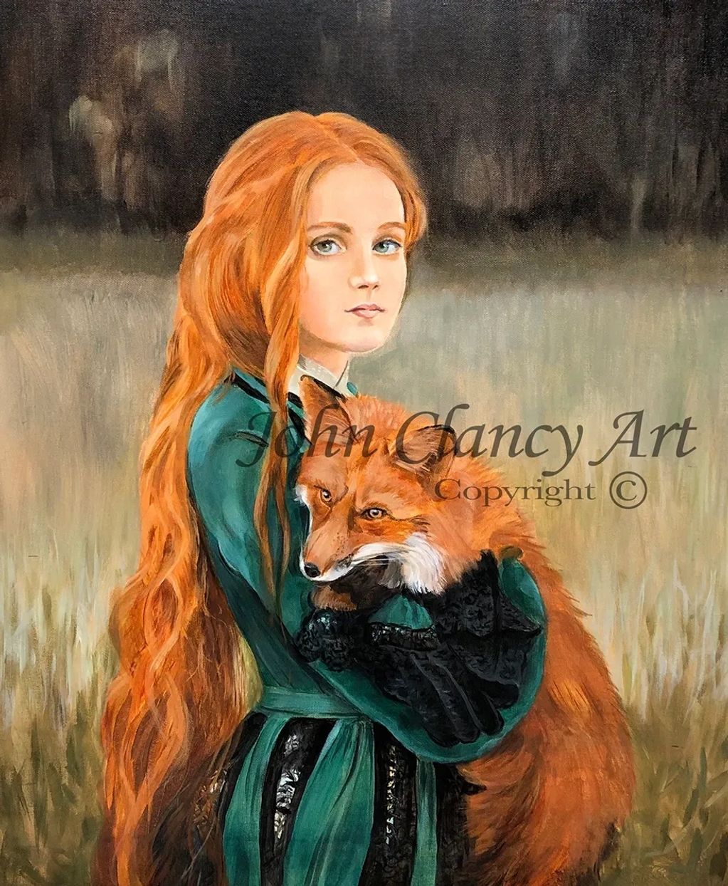 Painting by John Clancy of a young girl and a fox.