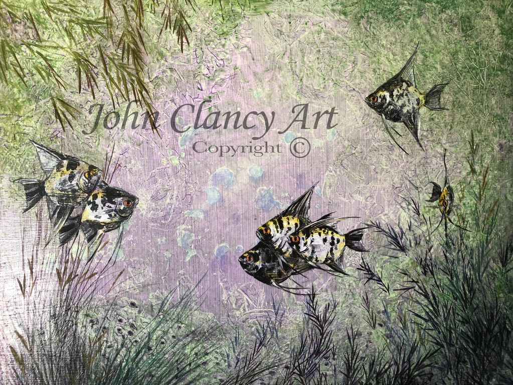 Inspired by Calico Angelfish the artist has as pets in his aquarium. 