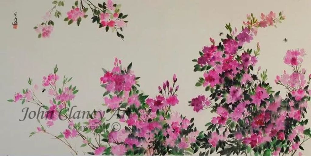 "Nectar Seekers" A painting on rice paper by artist John Clancy. A painting of azaleas and bees.It r