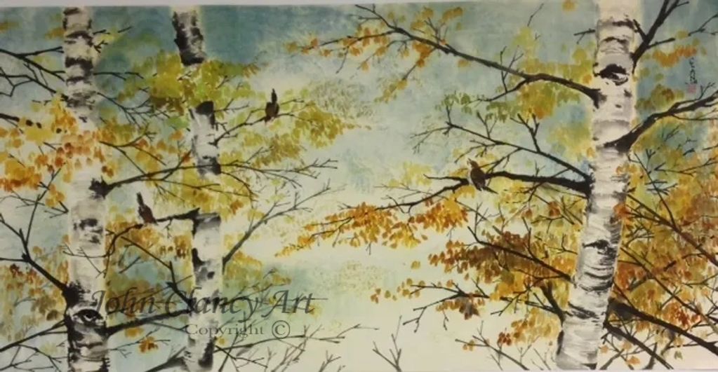 "Autumn Song" is a painting of magnificent Birch Trees and singing Sparrows.