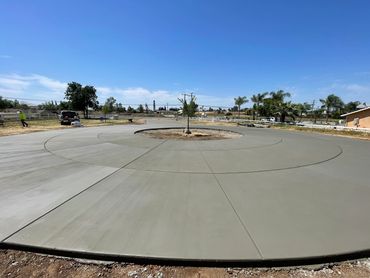 Freshly poured circular concrete driveway with a tree in the center.