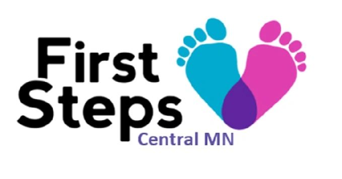First Steps Central MN logo with image of one blue and one pink footprints in a heart shape.