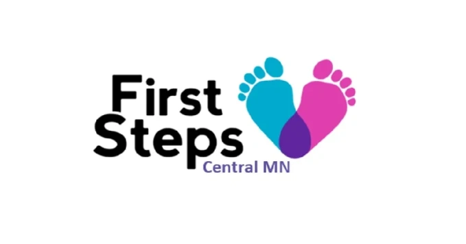 First Steps Central MN logo with image of one blue and one pink footprints in a heart shape.