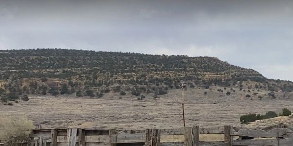 Wide rocky hill with sparse vegetation.
