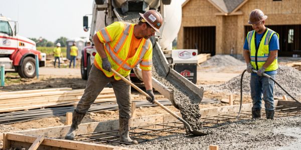 Construction workers pouring concrete at a building site.