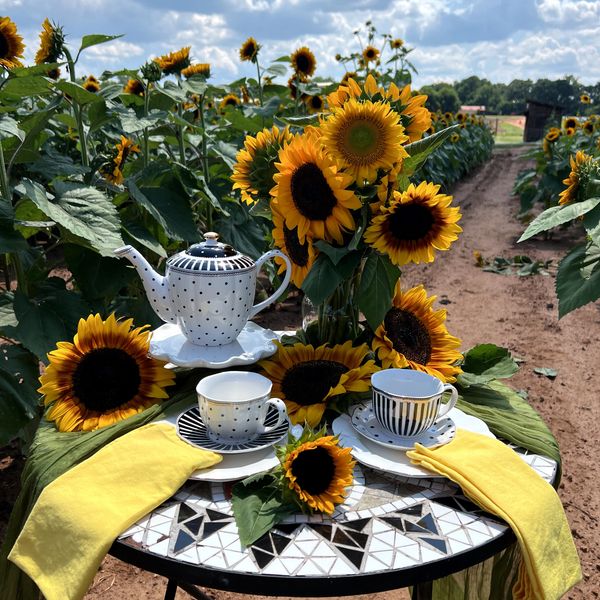 Sunflower-themed tea set on a mosaic table in a sunflower field under a bright sky.