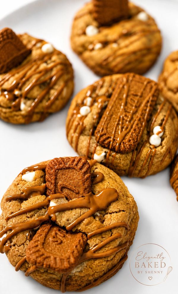 Cookies topped with biscuits and drizzled chocolate.