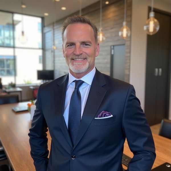 Smiling man in a suit in an office.