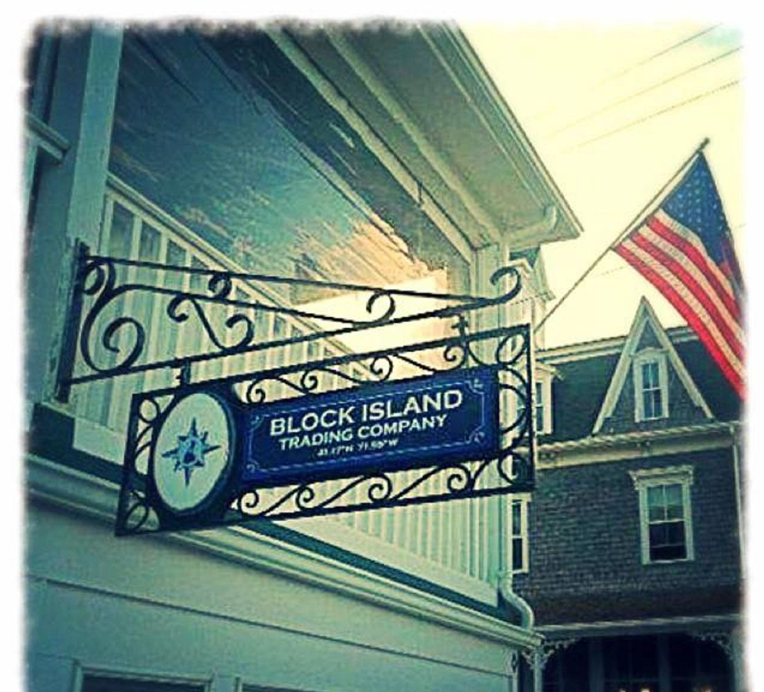 A view of the sign for the Block Island Trading Company at The National Hotel with the Surf Hotel