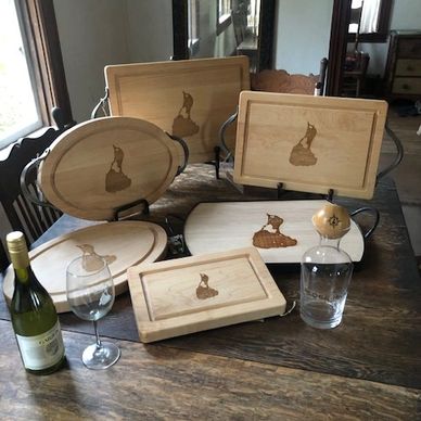 Block Island custom cutting boards by Maple Leaf at Home. Block Island wine decanter and wine glass