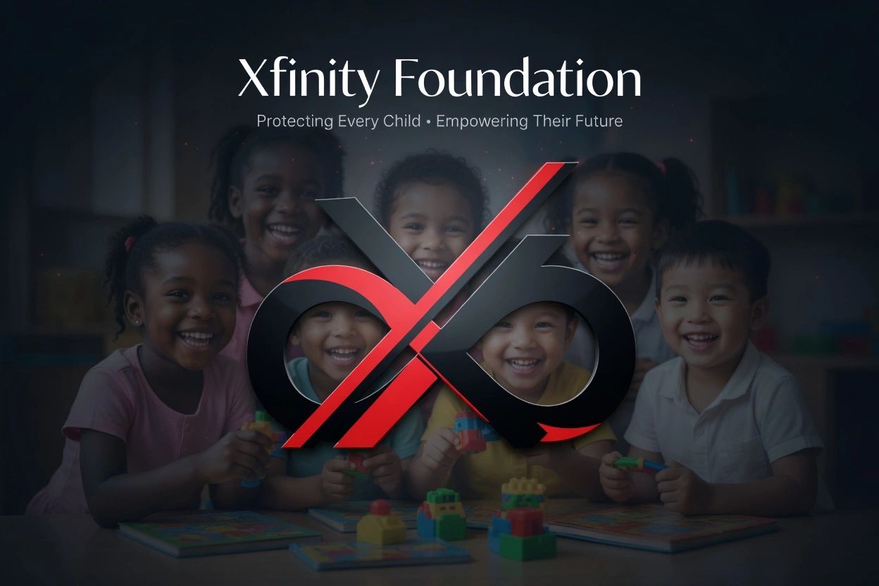 Happy children playing with building blocks under Xfinity Foundation's mission.