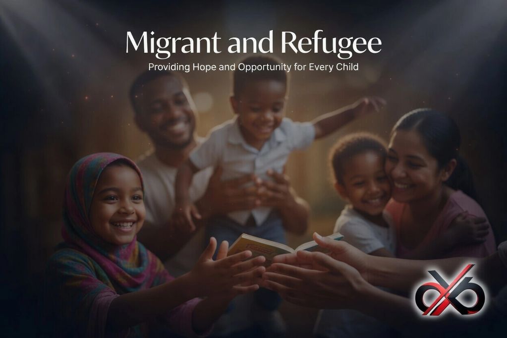 Happy migrant and refugee family sharing a book, symbolizing hope and opportunity for children.