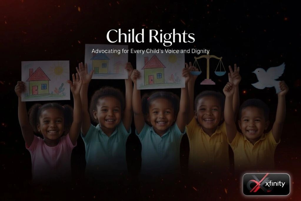 Smiling children holding drawings advocating for child rights and dignity.