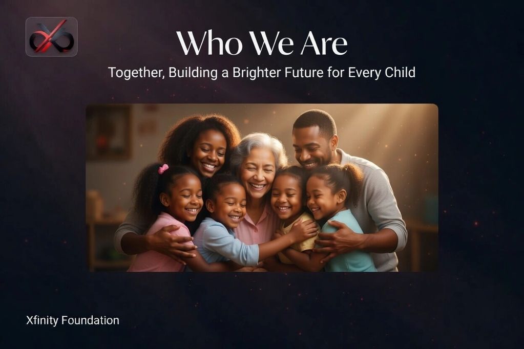 A diverse family group joyfully embracing, promoting a brighter future for children.