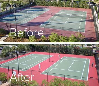 Before and After photo of a resurfaced Tennis Court.