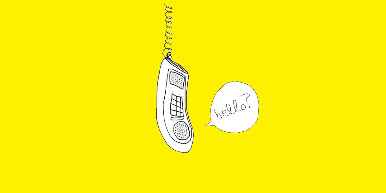 Hand-drawn analog telephone with speech bubble saying 'hello?' on bright yellow background.
