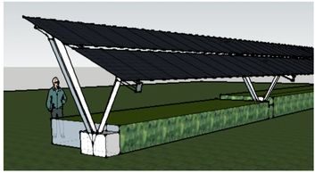 3D model of solar panels with a person standing nearby.